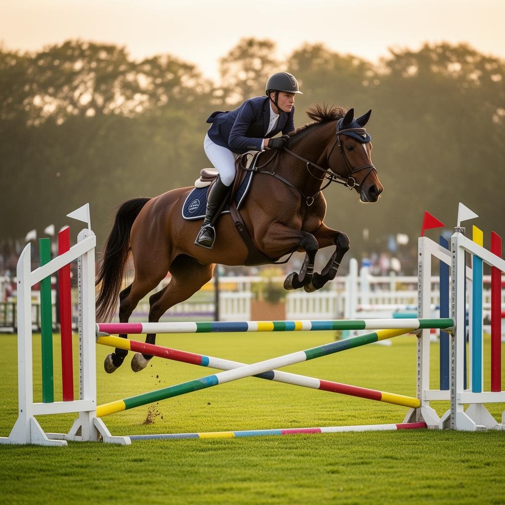 Horse and rider clearing a colourful showjump